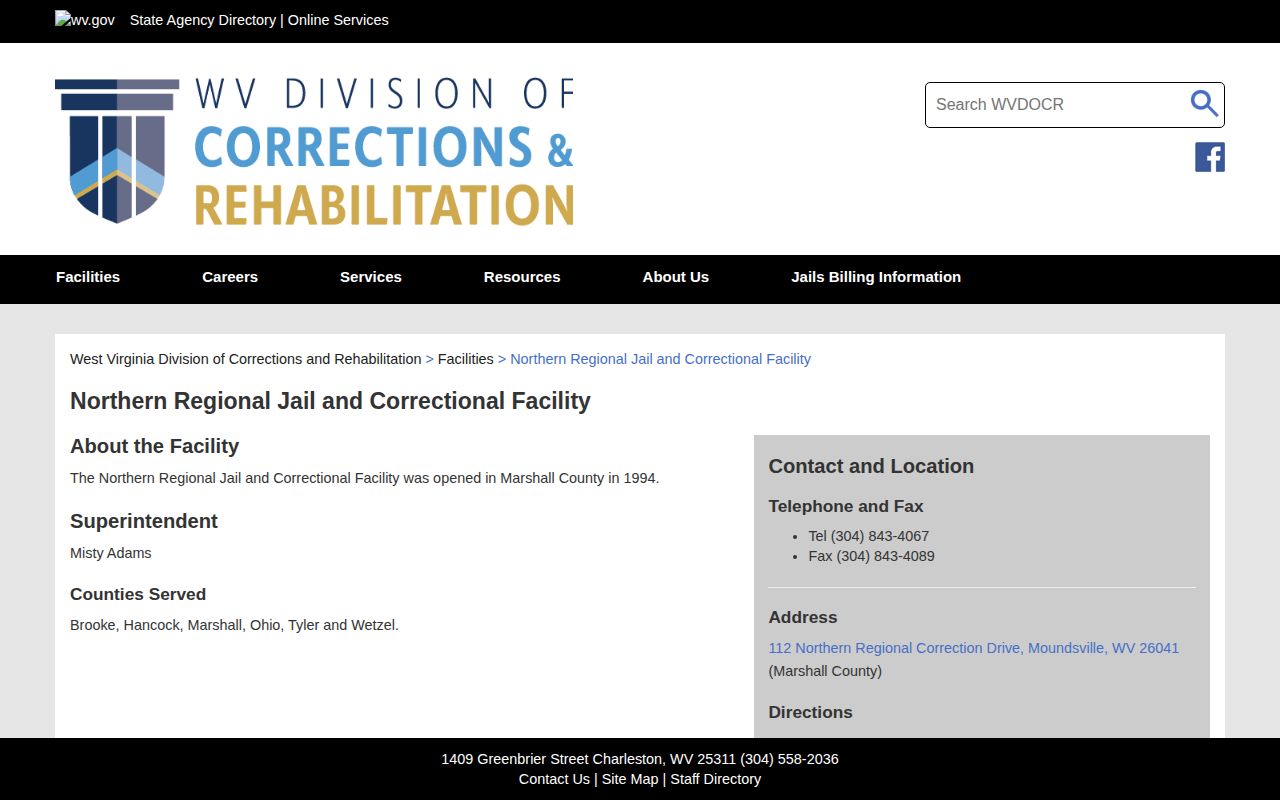 Northern Regional Jail and Correctional Facility official Wetzel County service and release record page
