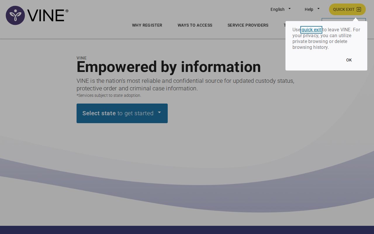Wetzel County VINE inmate check search and release notification screen